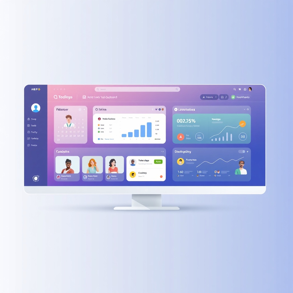 Dashboard illustration showing calendar, task board and analytics widgets on a desktop screen