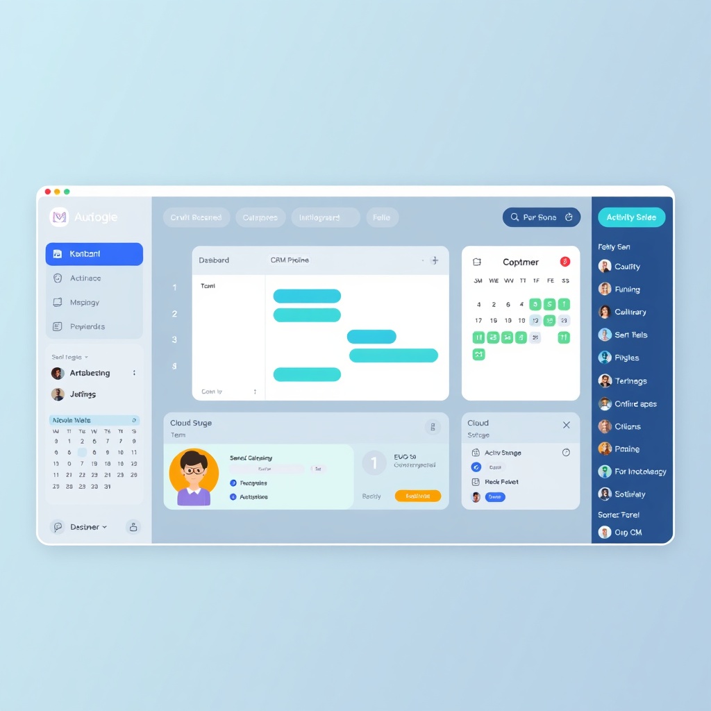 Dashboard showing task board, CRM pipeline, calendar and cloud storage panels