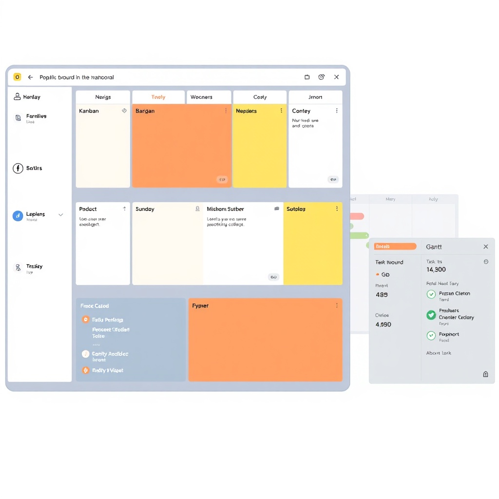 Kanban board and Gantt timeline on desktop interface